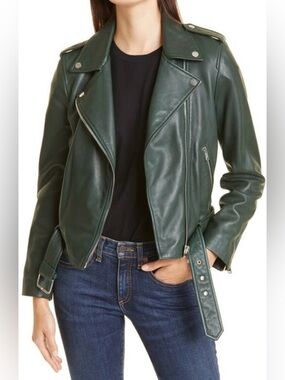 Glamorous UK Dark Forest Green Faux Leather Moto Jacket *Minor Flaws*